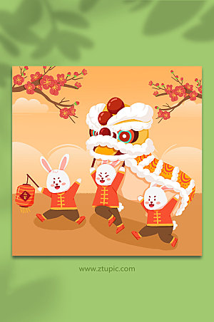 卡通兔年元宵节兔子舞狮手绘插画