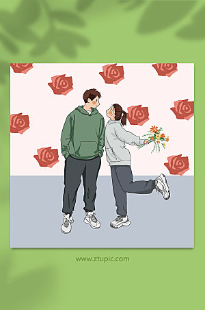扁平玫瑰背景情侣情人节人物插画