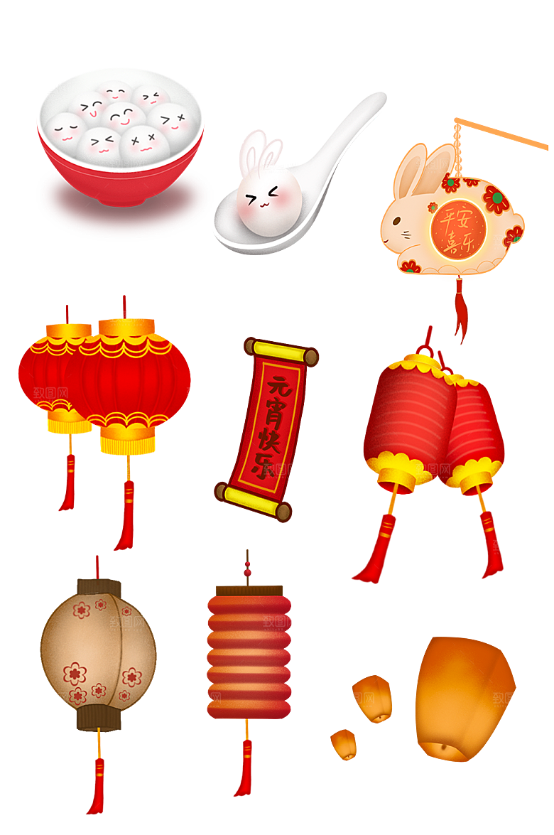 春节元宵节汤圆手绘灯笼主题元素