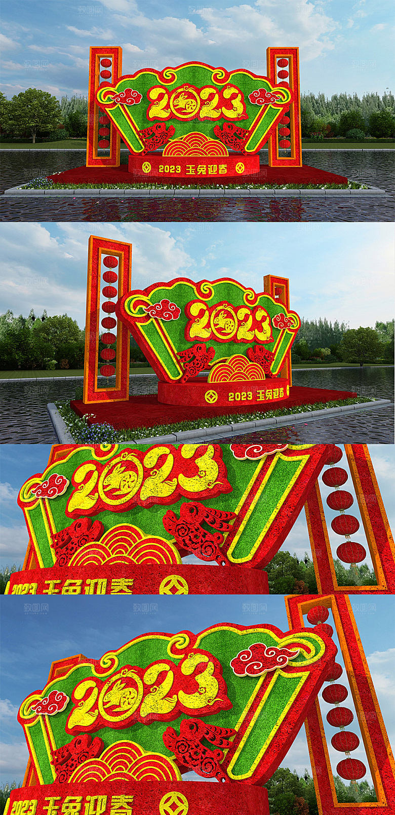 2023玉兔迎春兔年户外绿雕公园美陈DP