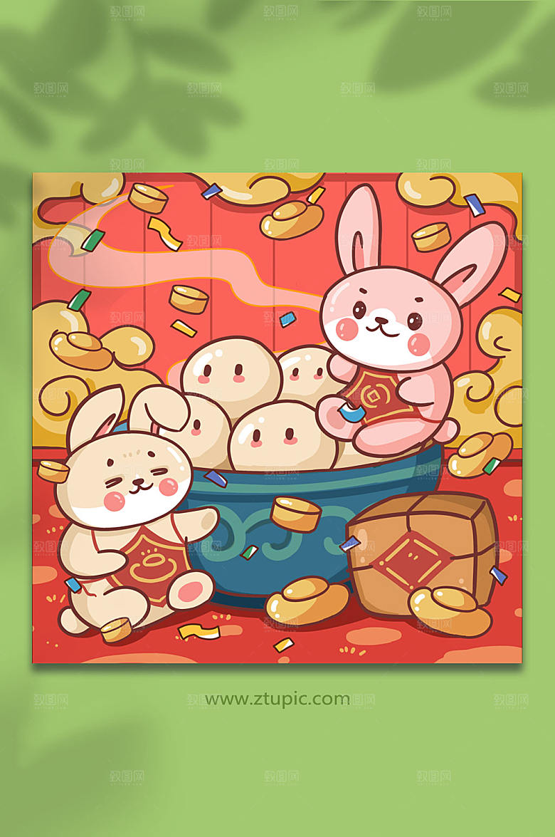 可爱汤圆兔子元宵节兔年插画