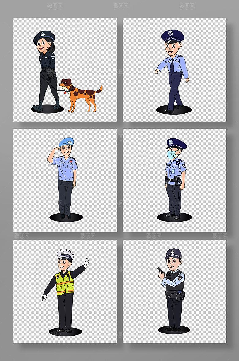 手绘民警警犬刑警部队警察人物卡通插画