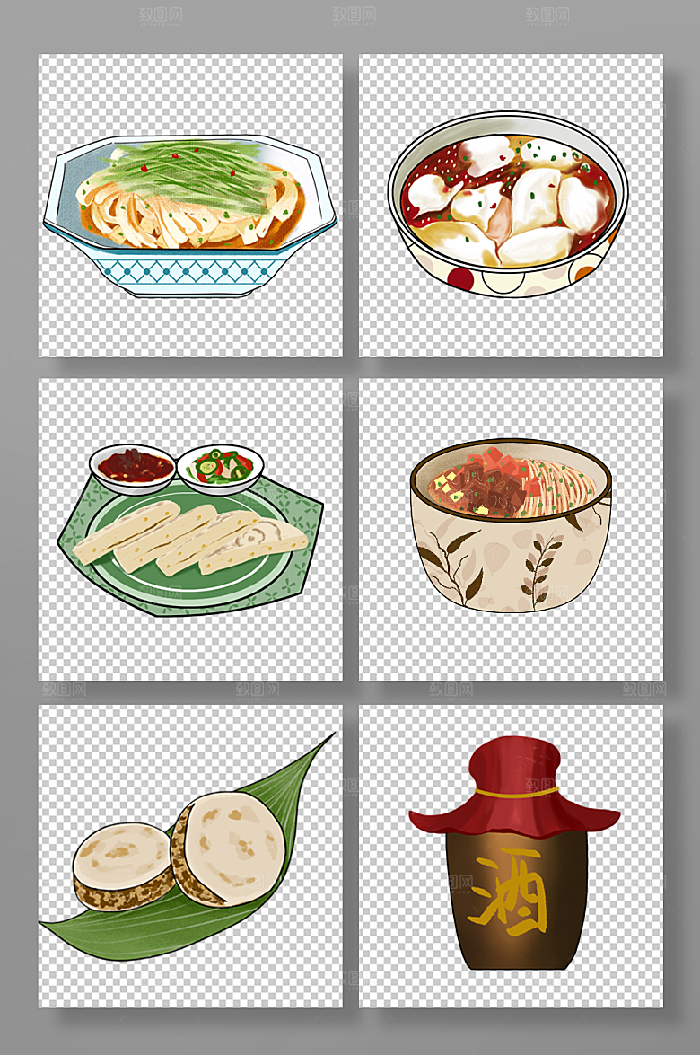 卡通手绘陕西小吃西安美食元素插画