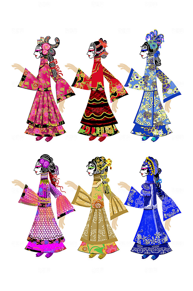 彩色中国传统皮影戏人物元素插画