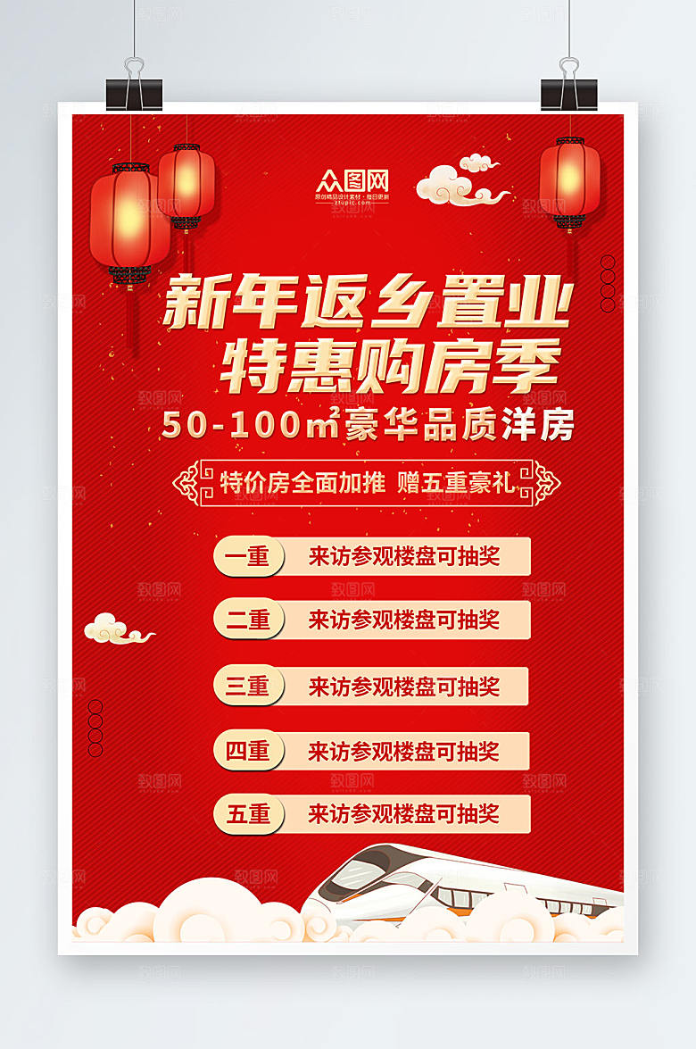 红色灯笼新年归乡返乡置业房地产海报