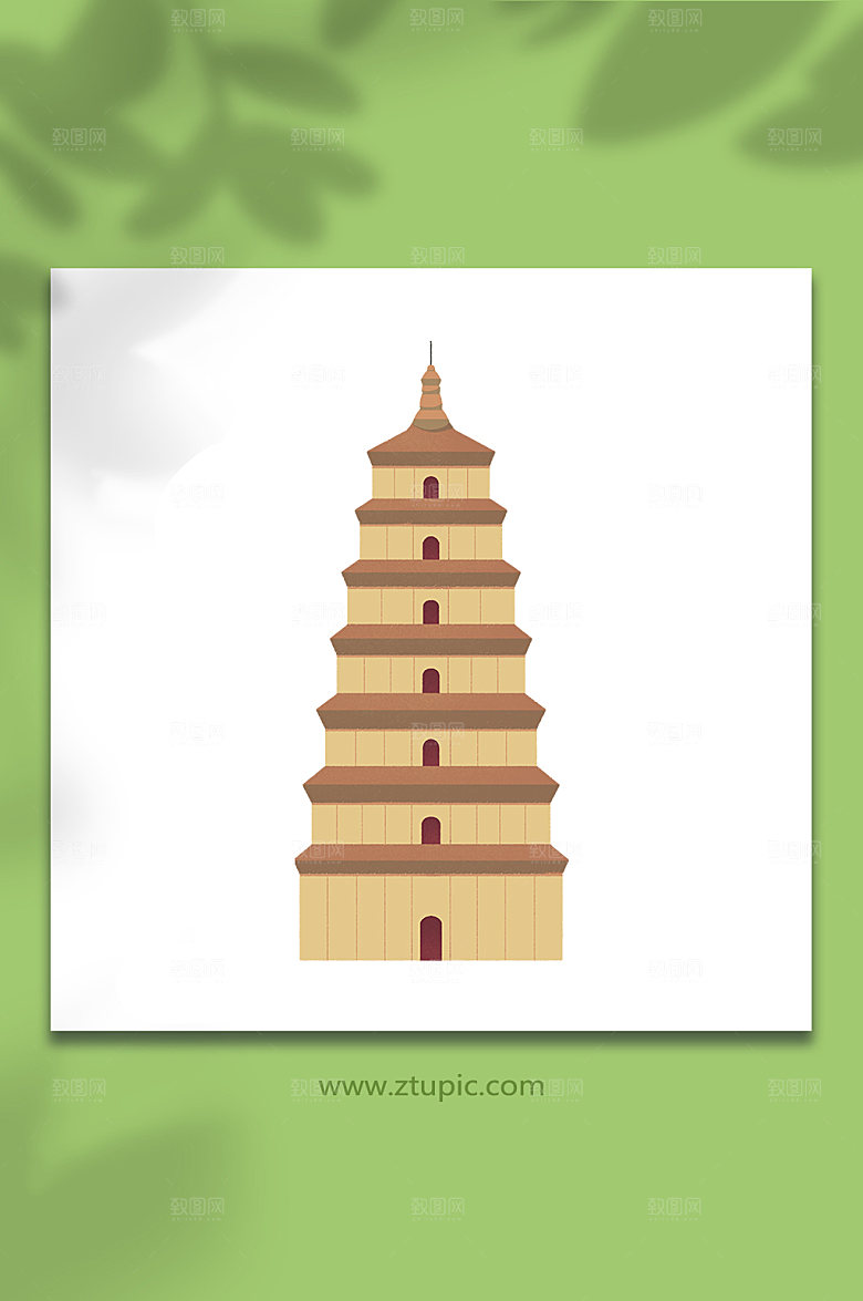 手绘西安大雁塔建筑卡通插画元素