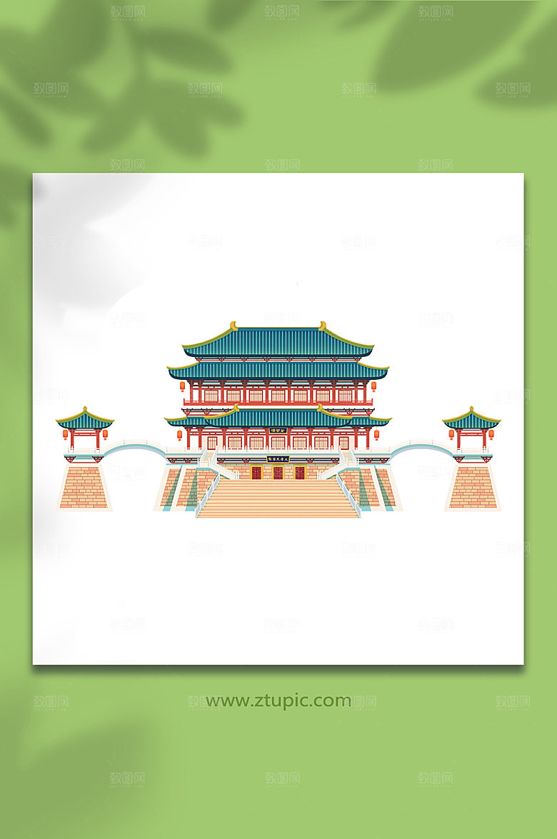 手绘西安大唐芙蓉园建筑卡通插画元素