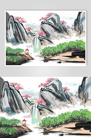 中式国风山水春景水墨风春季风景手绘插画