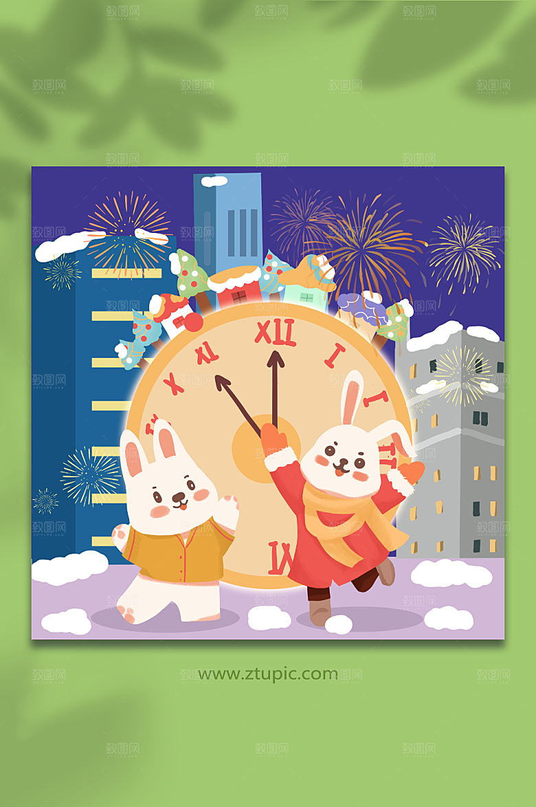 手绘兔子时钟元旦新年兔年人物插画