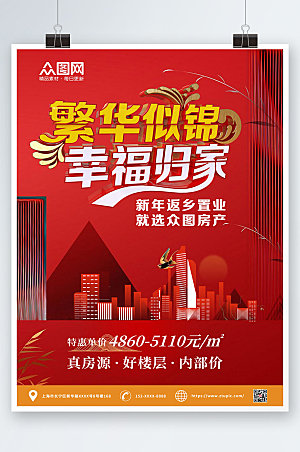 红色新年返乡置业主题房地产海报