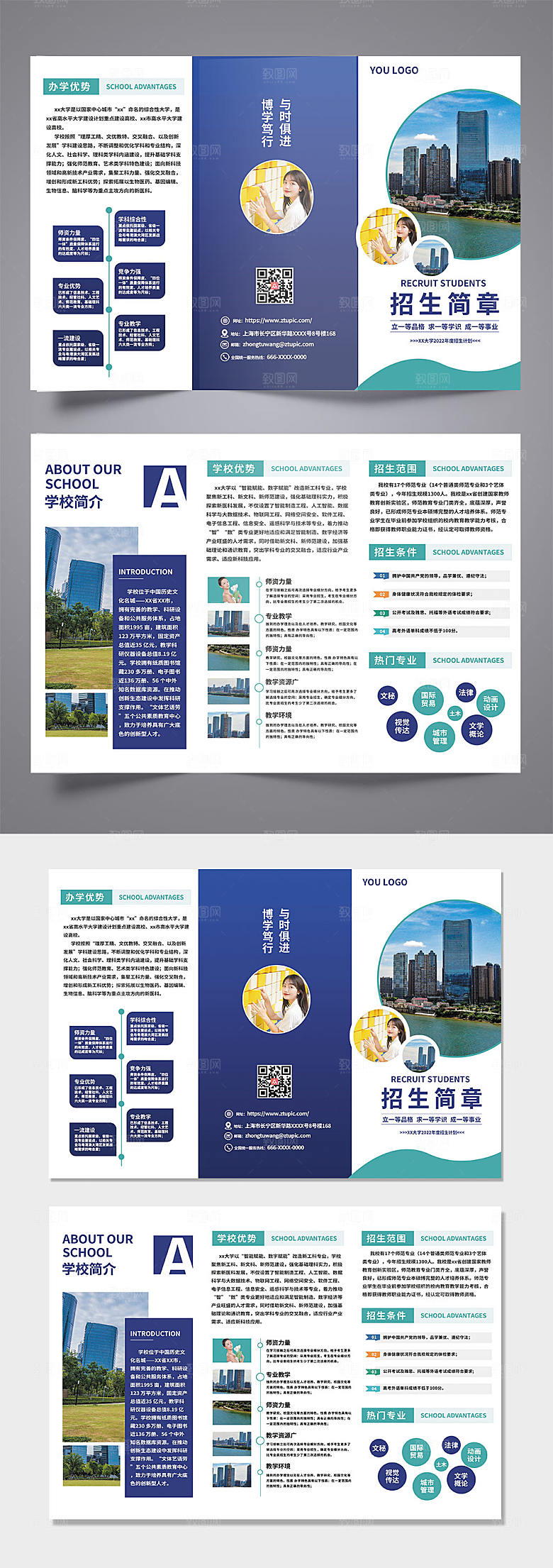 商务风大学职业学校校园招生三折页设计