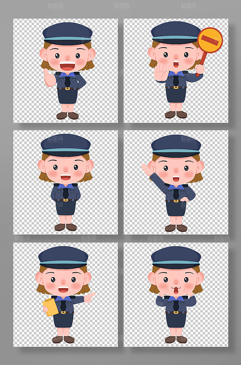 卡通亲切女警察人物手绘插画元素