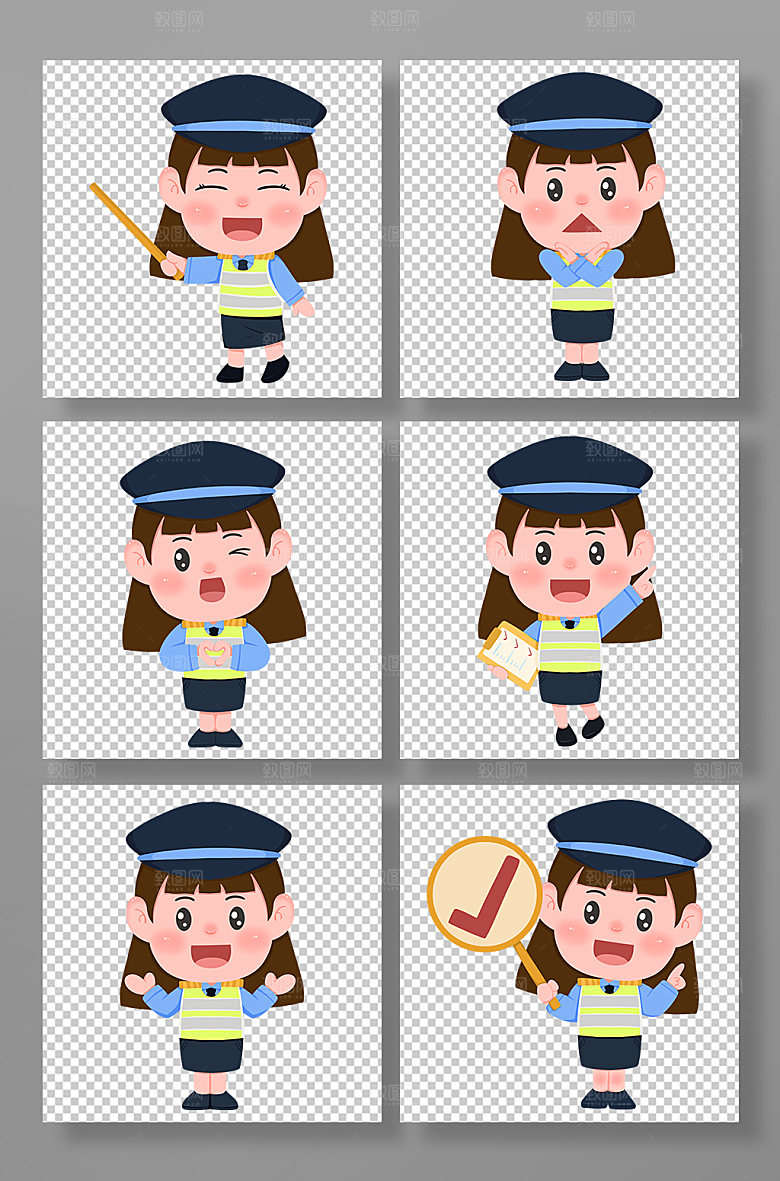 卡通长发女警察人物手绘插画元素
