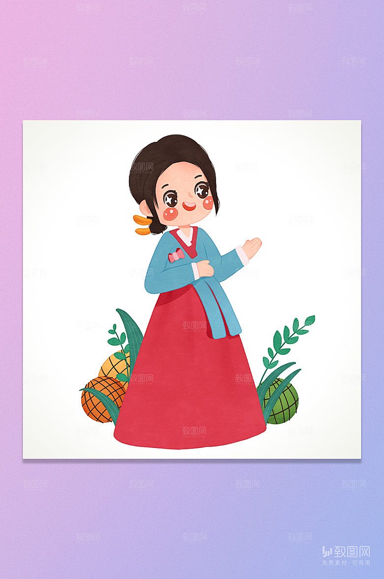 卡通韩服女孩插画元素