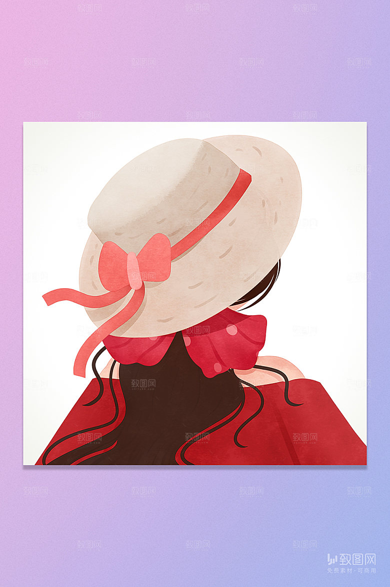 唯美时尚带帽子女孩背面插画元素