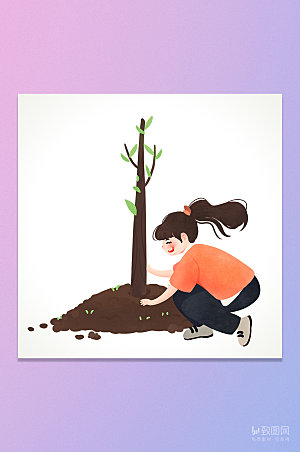卡通种树女孩植树节插画元素