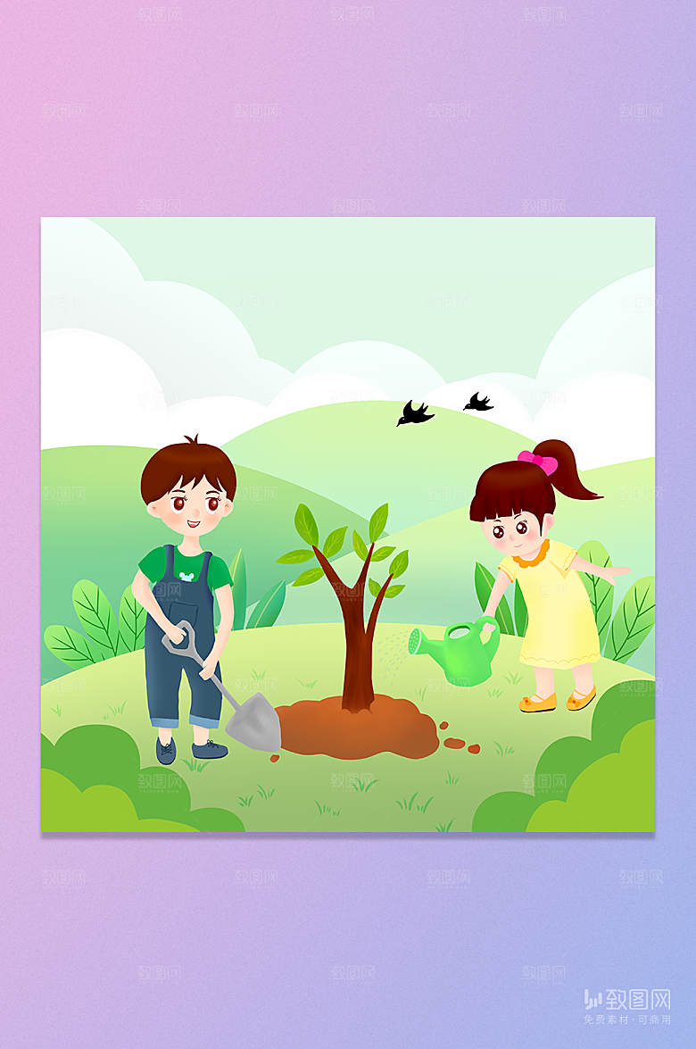 卡通手绘植树节男孩女孩插画