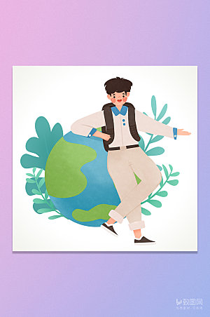 绿色卡通地球背包男孩旅游插画元素