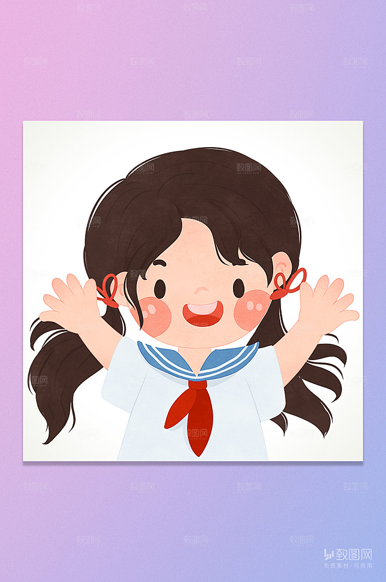 卡通红领巾女学生插画元素