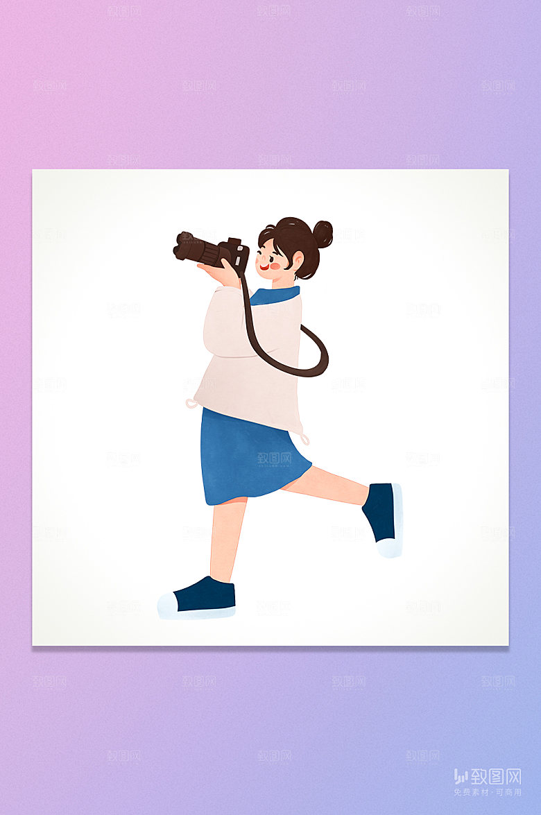 卡通拍照女孩插画元素