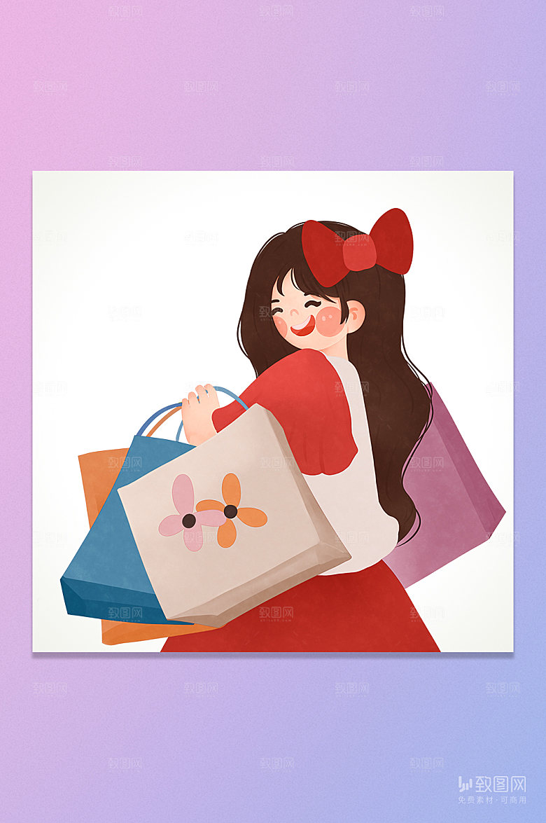 卡通时尚购物女孩插画元素