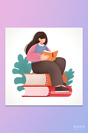 卡通坐着读书女孩插画元素