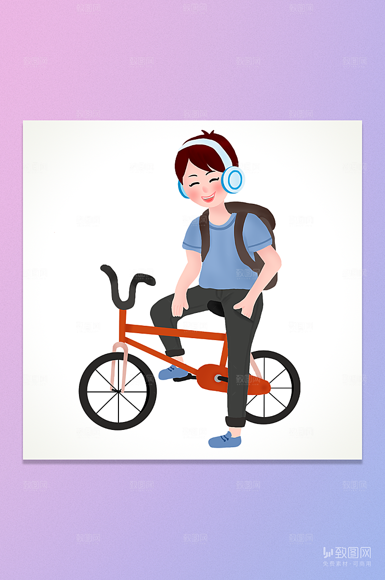 卡通手绘骑单车的背包男孩插画