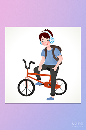 卡通手绘骑单车的背包男孩插画