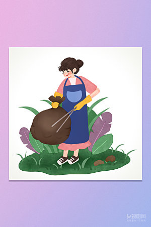 卡通捡垃圾环保女孩插画元素