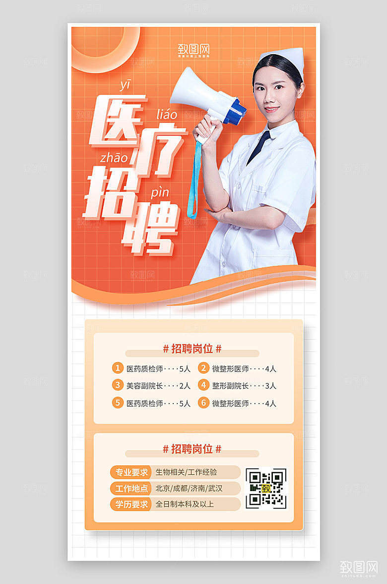 橙色简约风医疗招聘海报