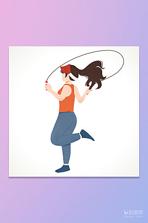 卡通跳绳锻炼身体女孩插画元素