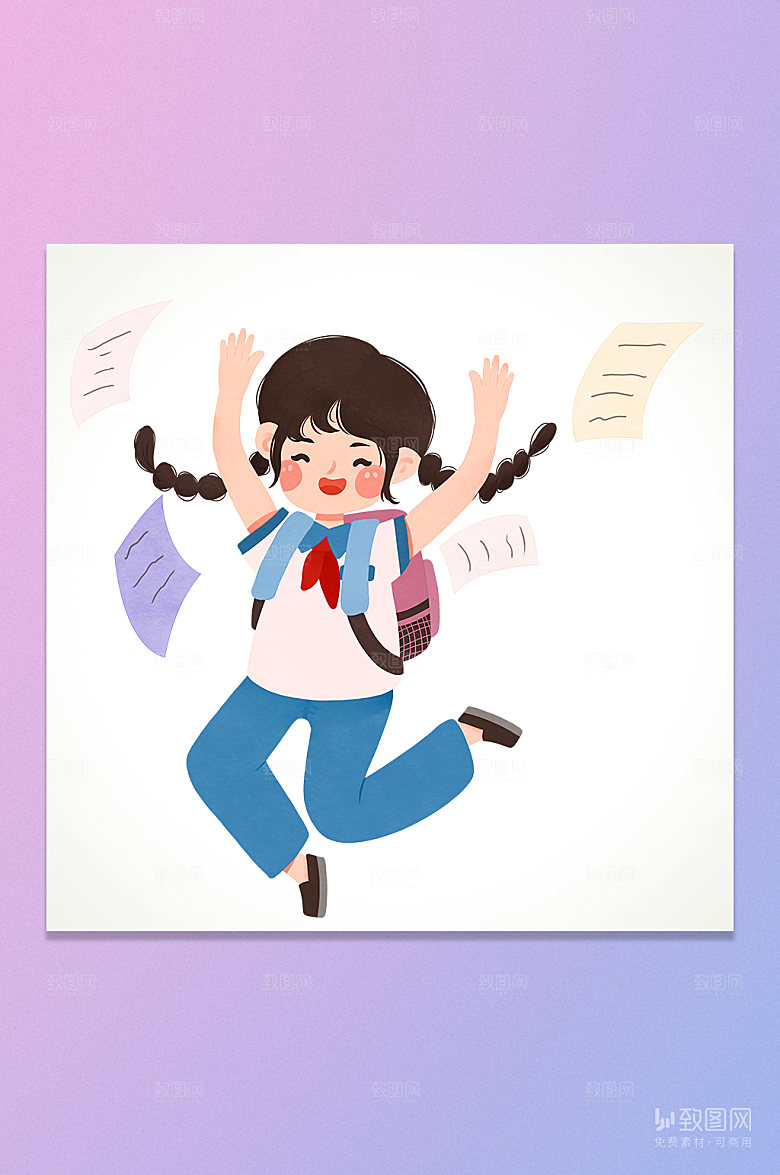 卡通活力背书包红领巾女孩插画元素