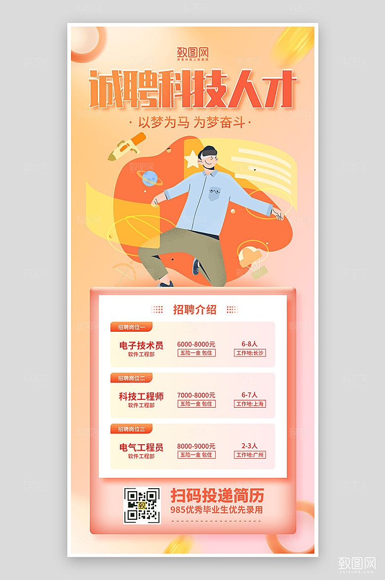 橙色简约风科技人才招聘海报