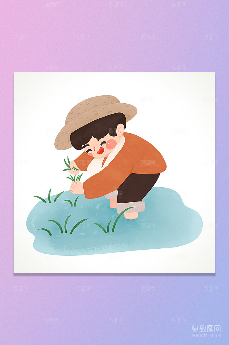 卡通插秧劳动农民插画元素