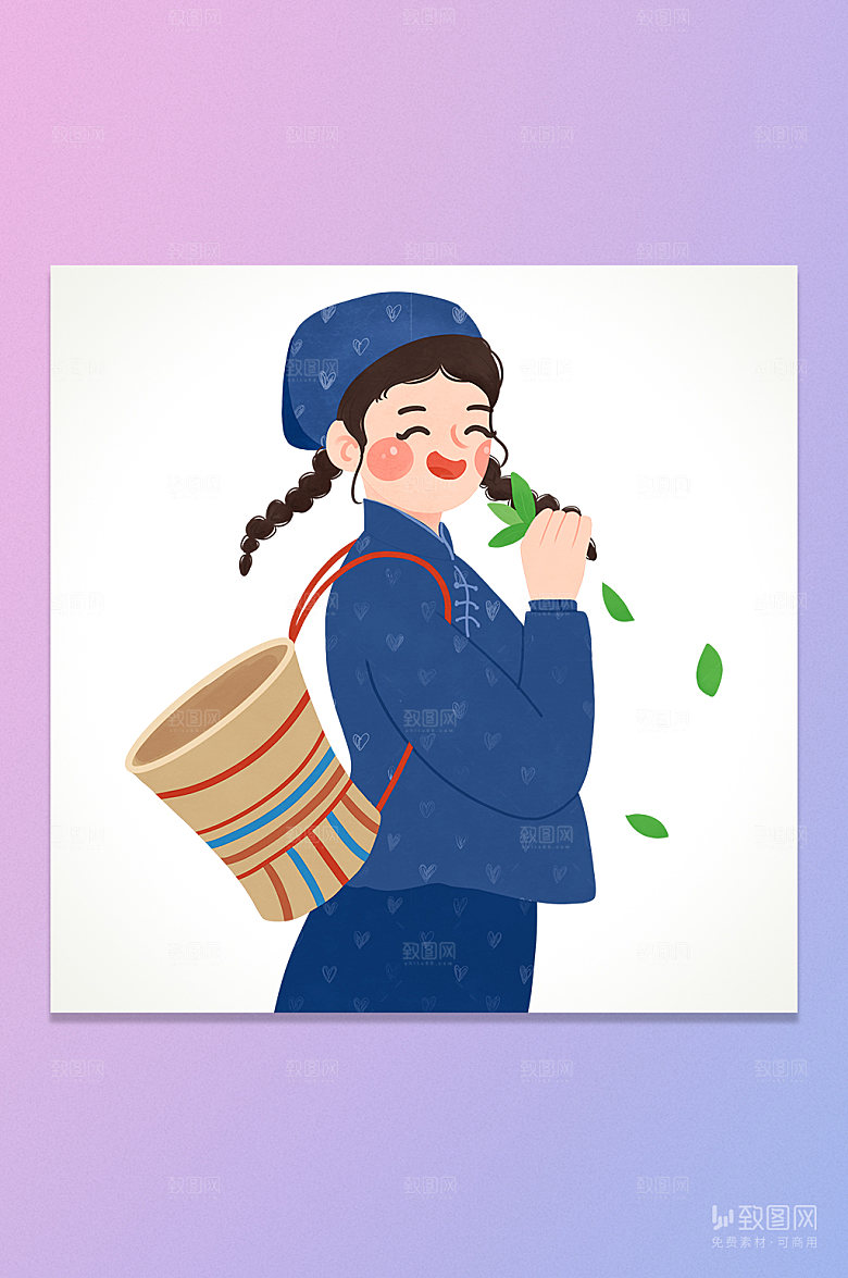 卡通采茶女孩插画元素