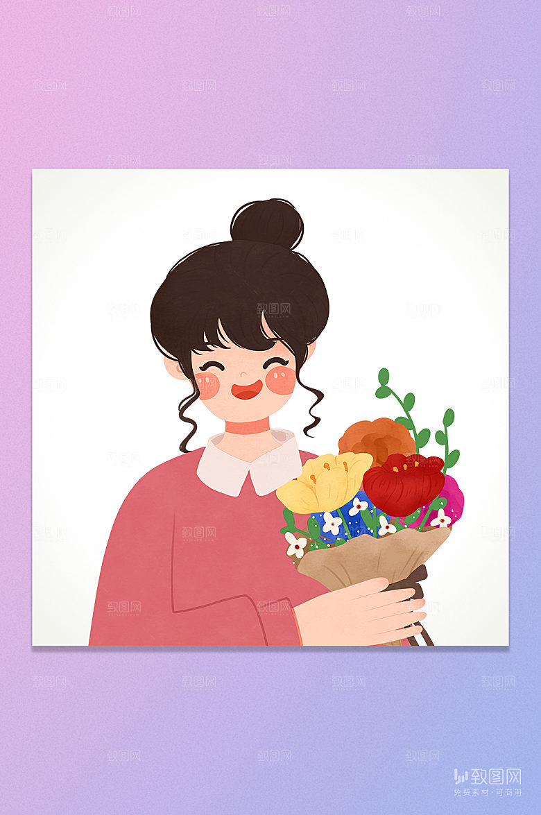 卡通鲜花女孩插画元素