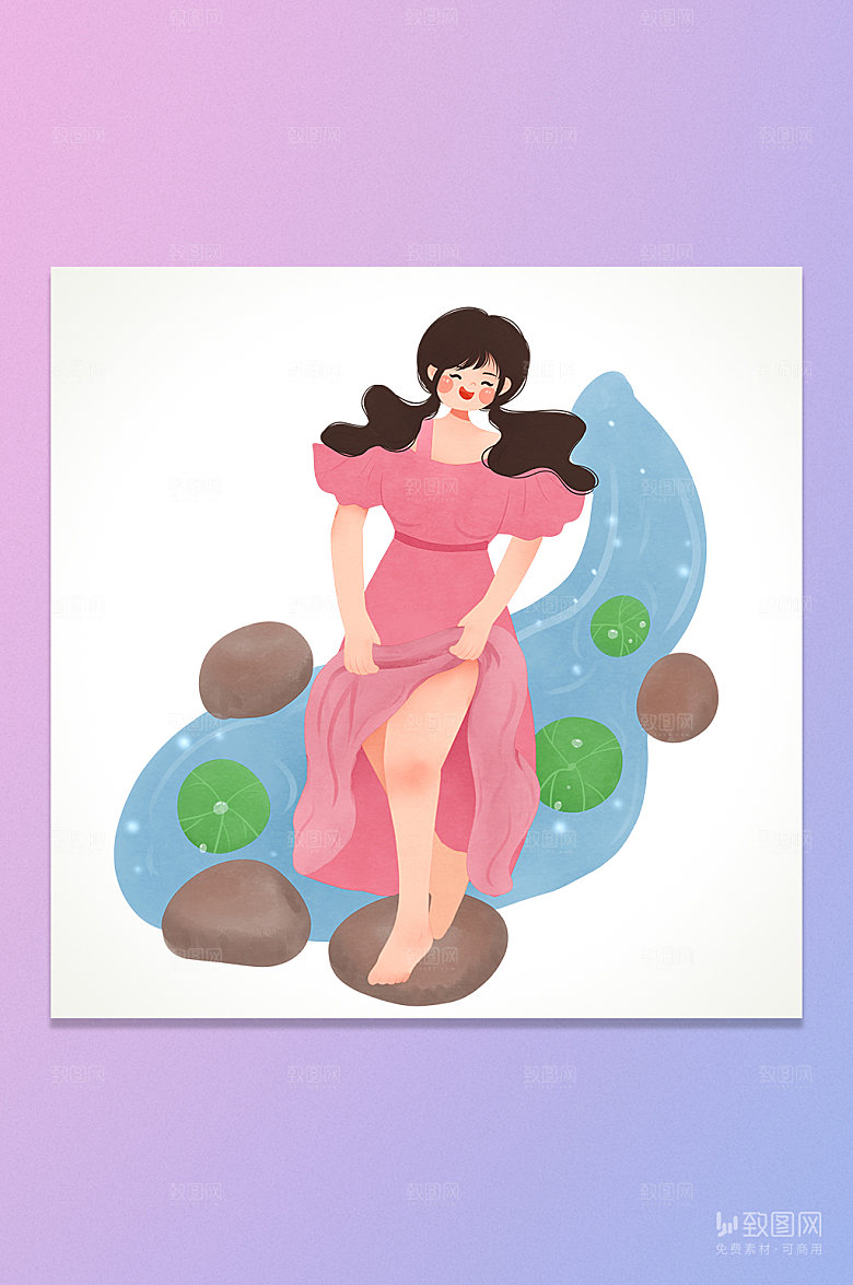 卡通粉色长裙女孩插画元素