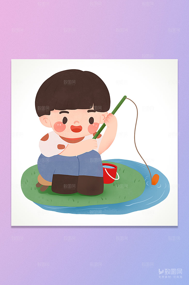 卡通钓鱼男孩插画元素