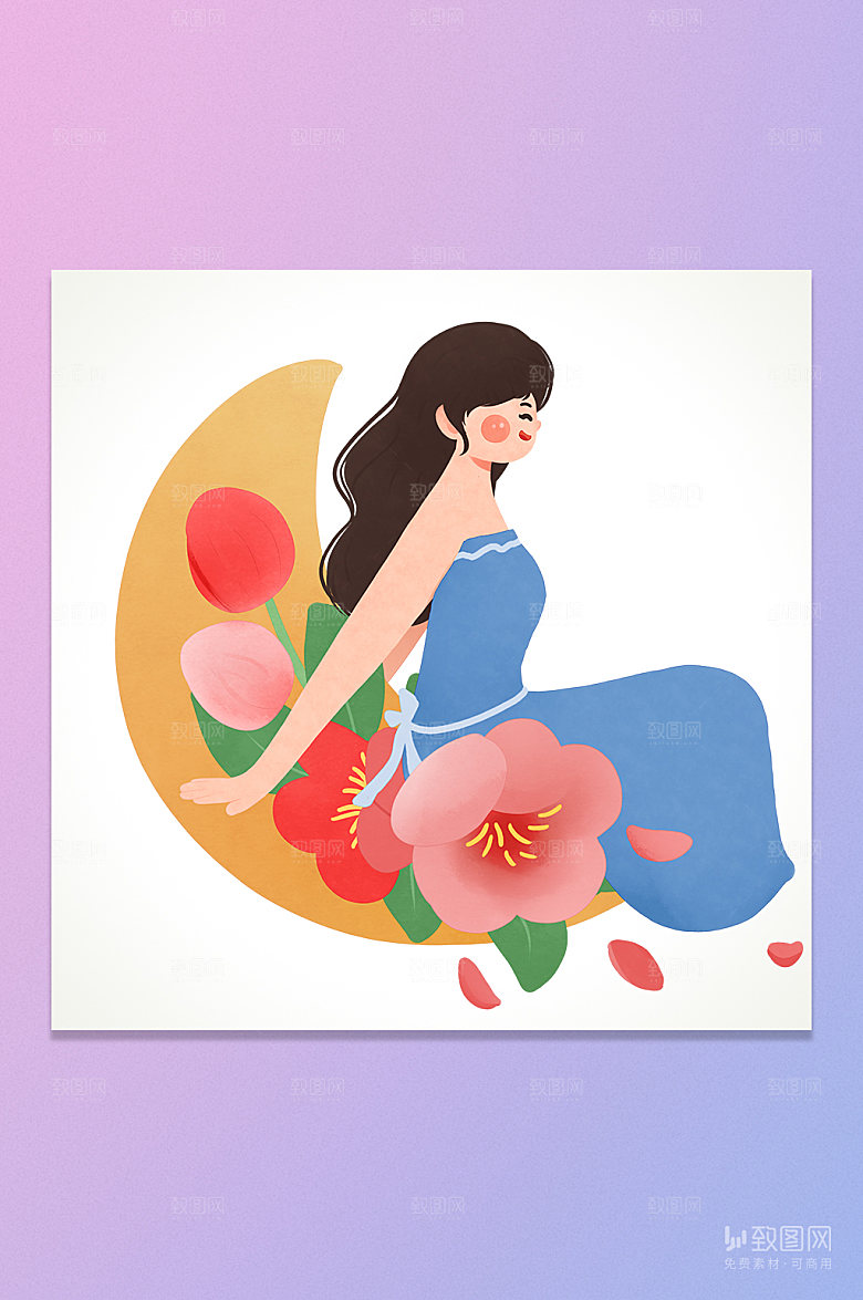 卡通月亮鲜花女孩插画卡通