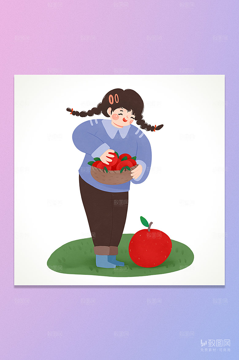 卡通可爱苹果女孩插画元素