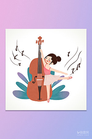 卡通大提琴跳舞女孩插画元素