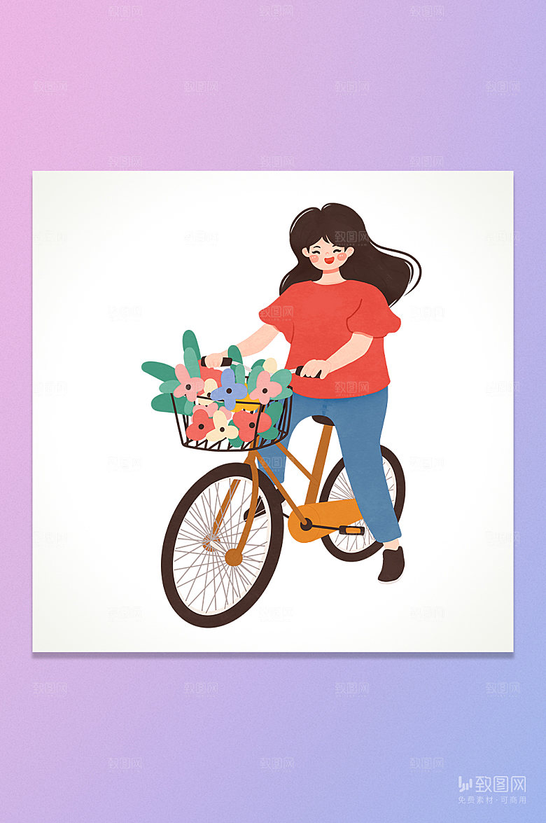 卡通鲜花骑自行车女孩插画元素