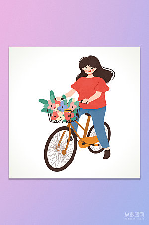 卡通鲜花骑自行车女孩插画元素