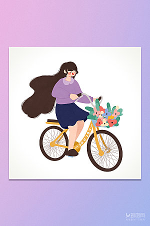 卡通骑单车女孩低碳出行插画元素