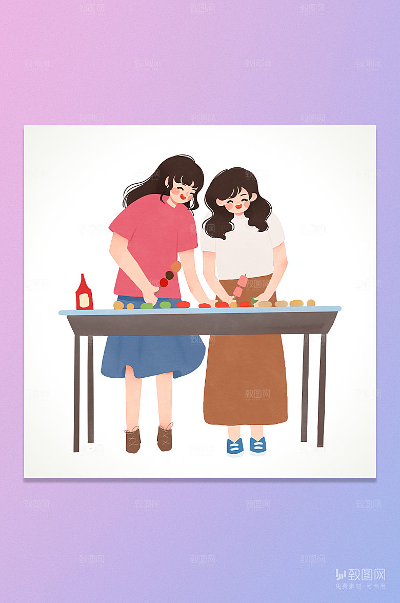 卡通烧烤女孩插画元素