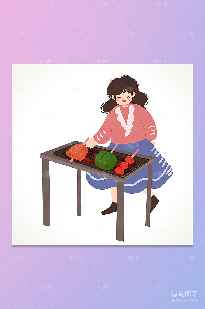卡通烧烤女孩郊游插画元素