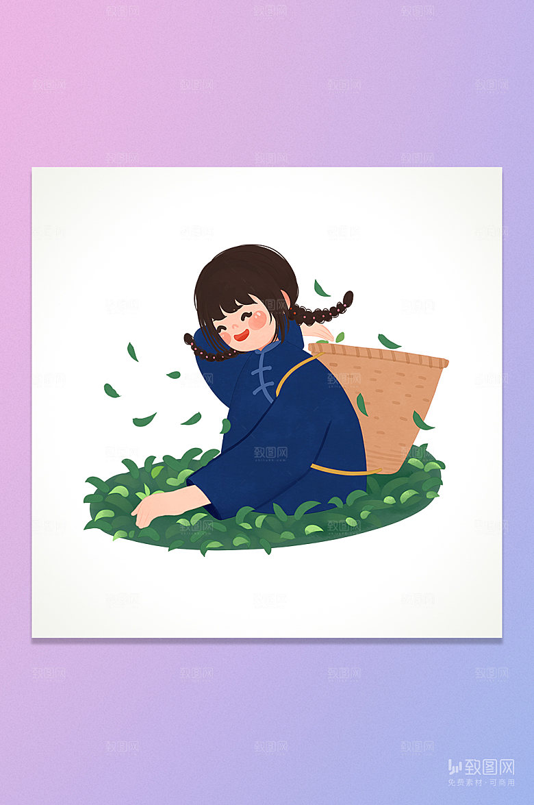 卡通采茶女孩插画元素