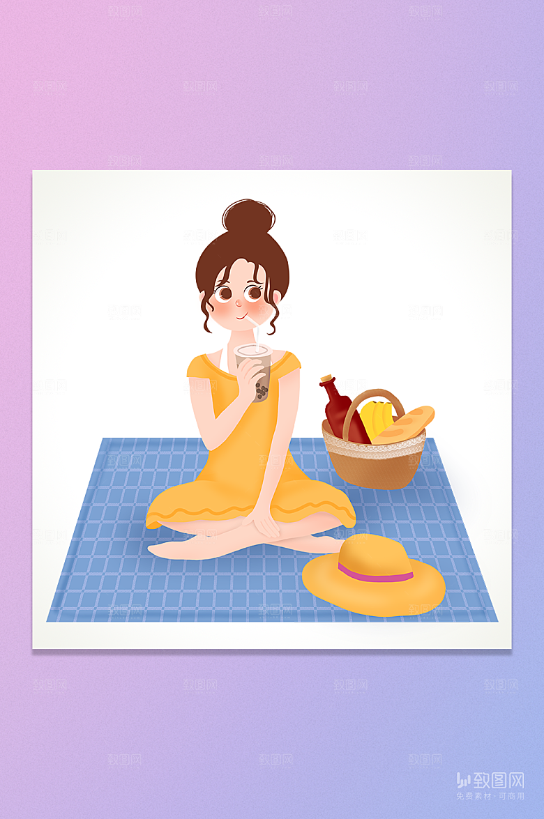 卡通手绘野餐喝奶茶的女孩插画