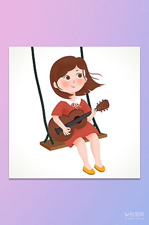 卡通手绘秋千上弹吉他的女孩插画