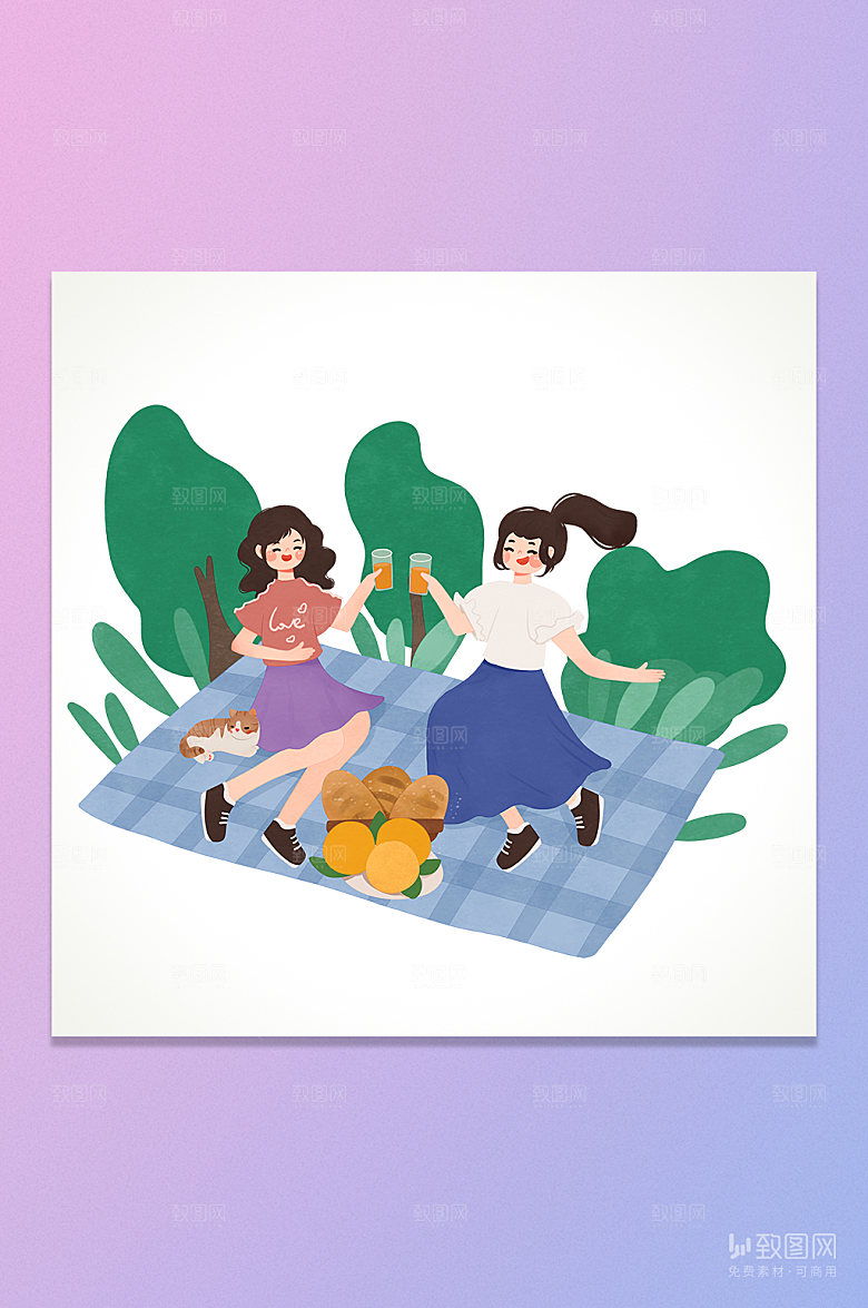 卡通郊游露营女孩插画元素